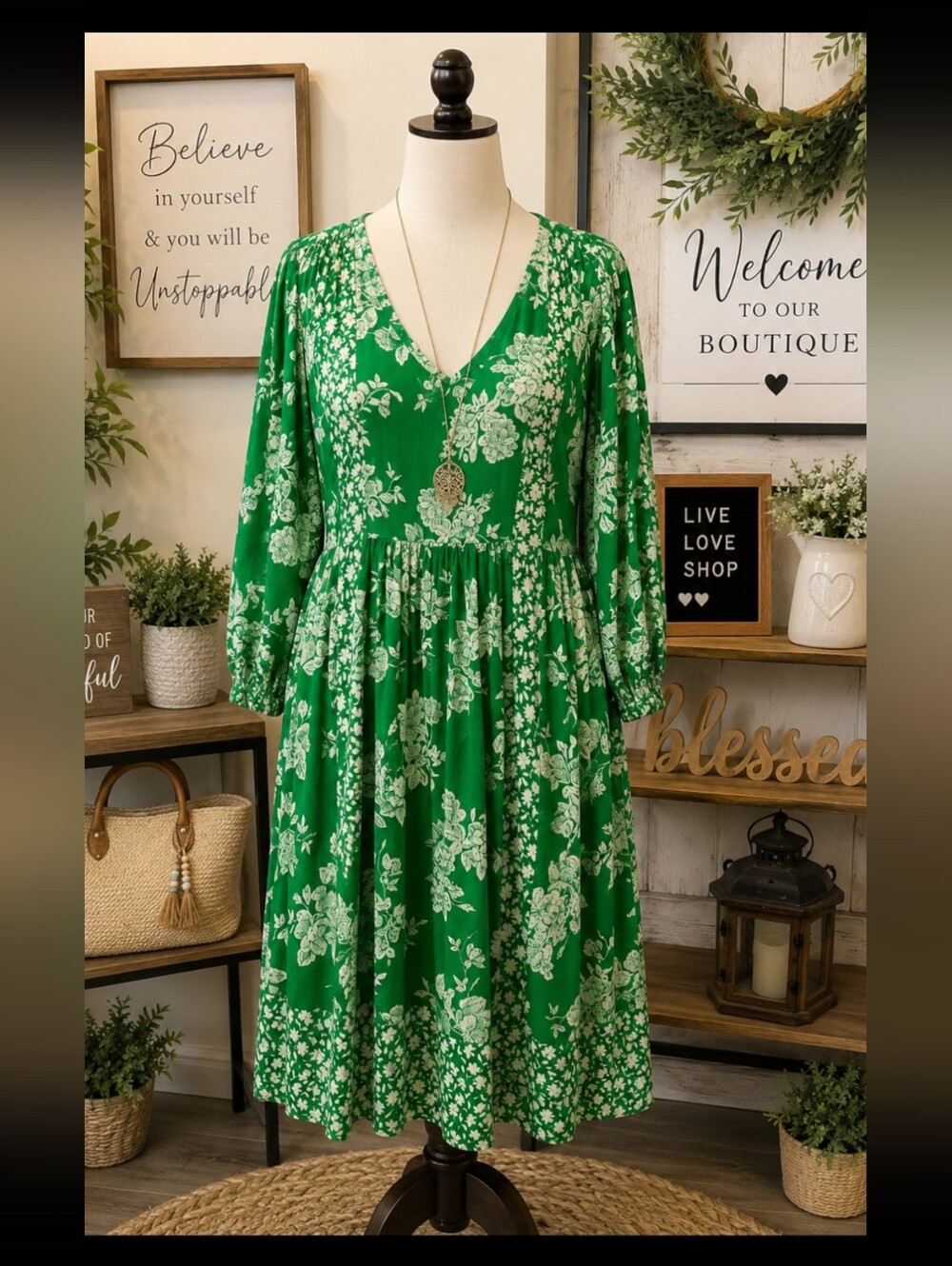 *Lapis Green Floral V-Neck Midi Dress Pit 22 Length 39 No Pockets